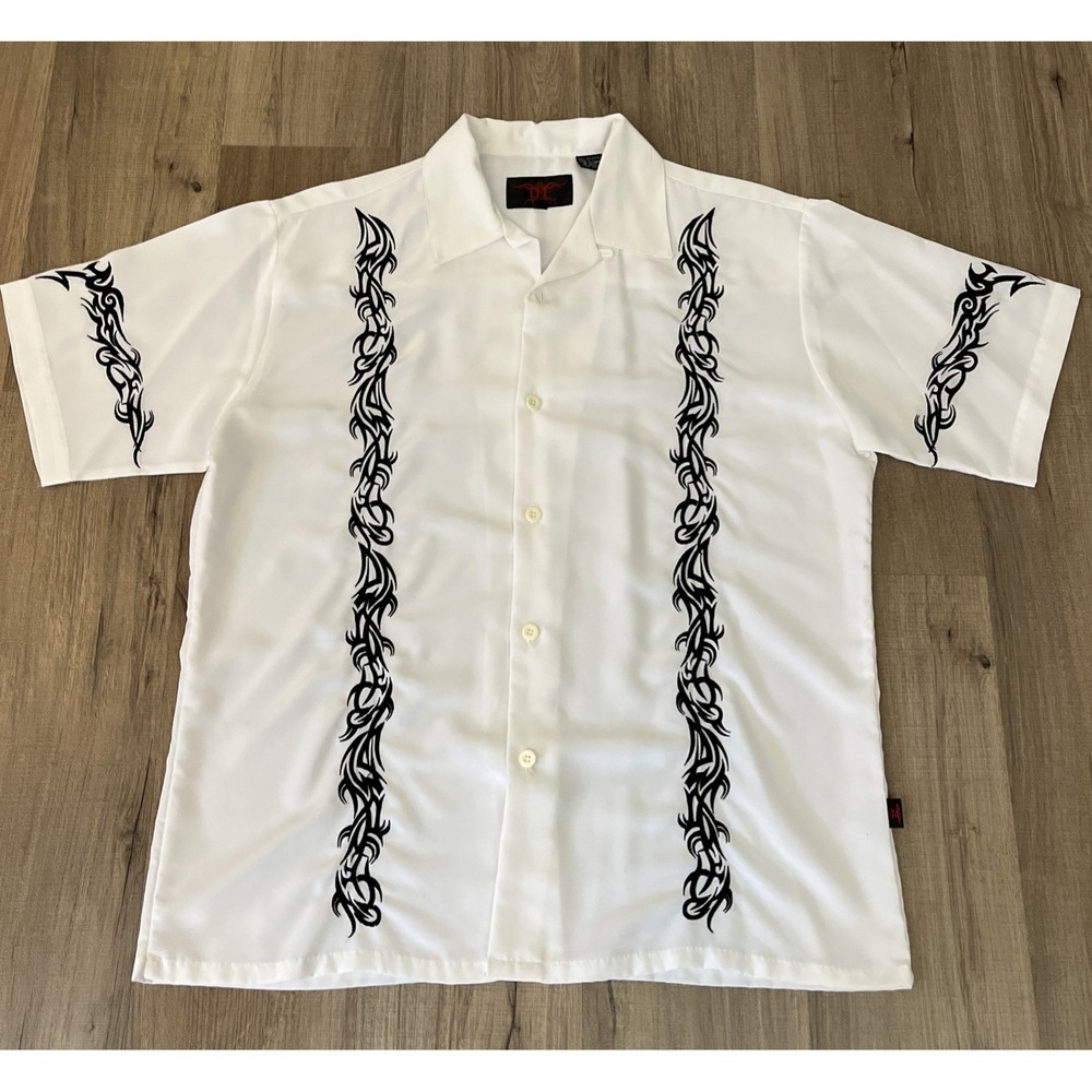 Vintage Y2K Dragonfly Tribal Bowling Shirt Size Large White Sopranos Havana
